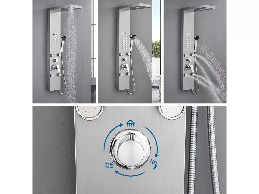 Colonne Douche Hydromassante avec LCD Écran Affichage Temprérature,en Inox avec 4 Jets de Massage+Porte Serviette Salle Bain Adhésif/Perçage,Brossé
