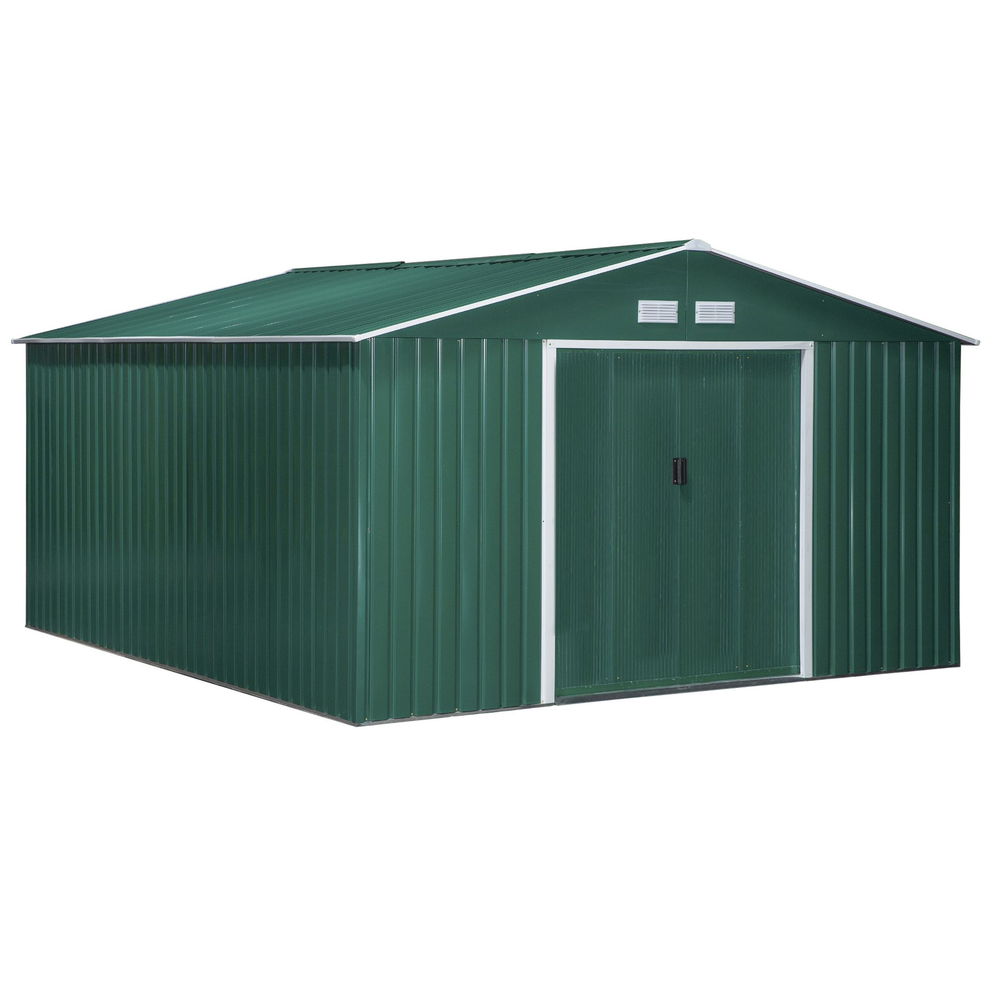 Casinha de jardim externa Outsunny, 12,4 m² (340 x 386 x 200 cm), com 2 portas de correr, base reforçada (piso NÃO incluído), para pátio ou terraço, cor verde.
