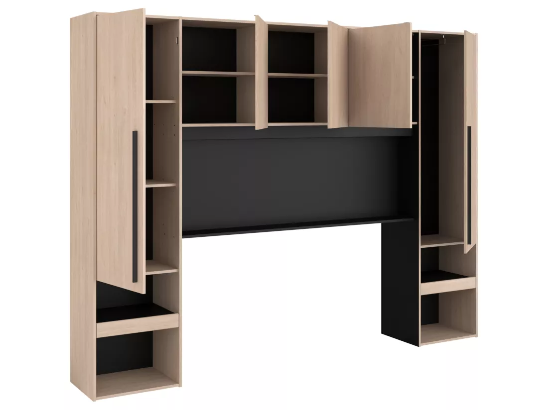 Pont de lit avec rangements - Avec LEDs - L265 cm - Coloris : Naturel et noir - VELONA
