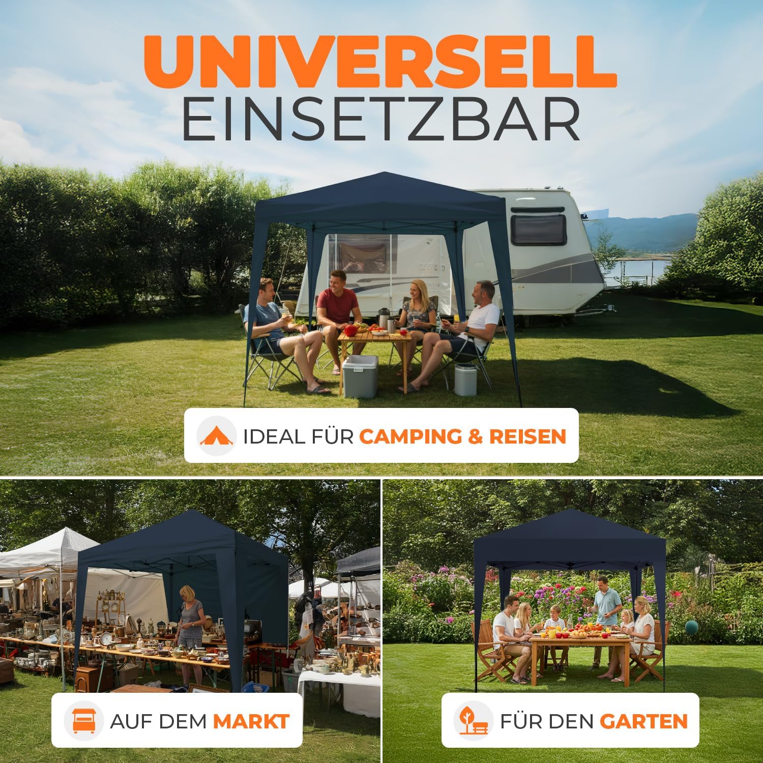 Kronenburg Faltpavillon wasserdicht Dachmaß 2 x 2 m UV Schutz 50+ Pavillon in Blau mit 4 Seitenteilen
