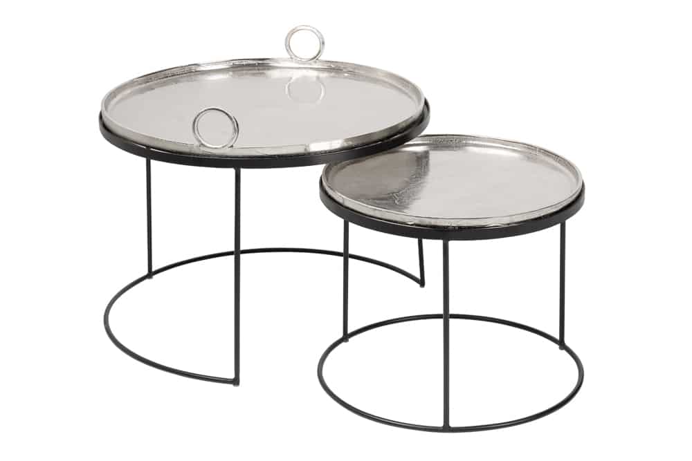 2er Set Runde Couchtische ELEMENTS 65cm silber schwarz Metall Tablett Beistelltisch