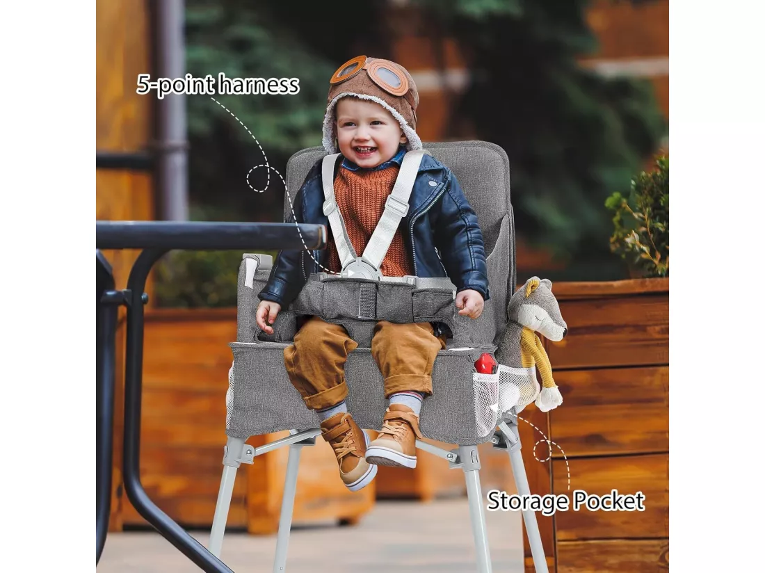 Chaise Haute Bébé,Chaise d’enfant pliable avec planche à manger et sac de transport,Sûr et stable Pour l’extérieur maison - 62x64x95cm Gris