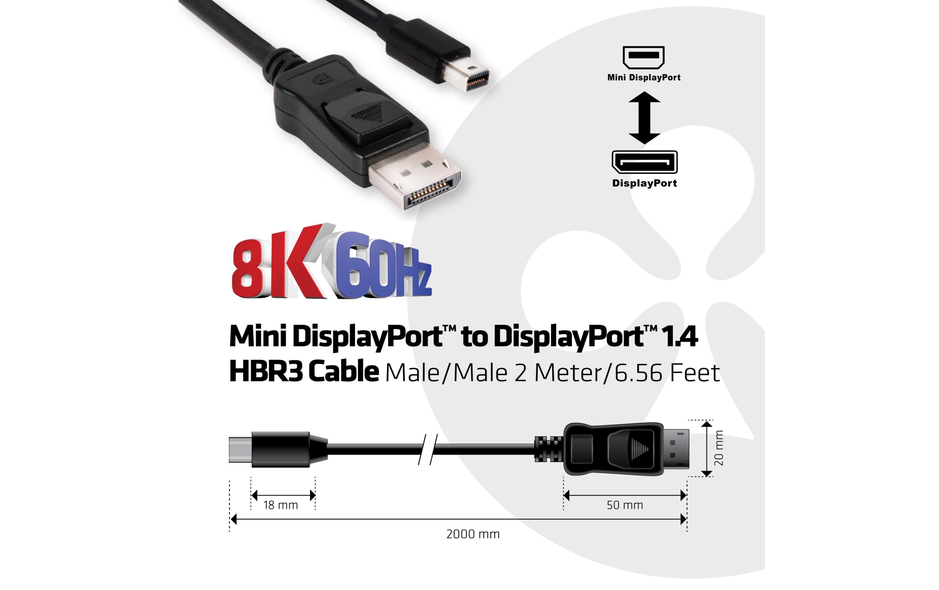 Kabel Mini-DisplayPort – DisplayPort 1.4 HBR3, 2 mMiniDisplayPort auf DisplayPort 1.4 HBR3 Kabel