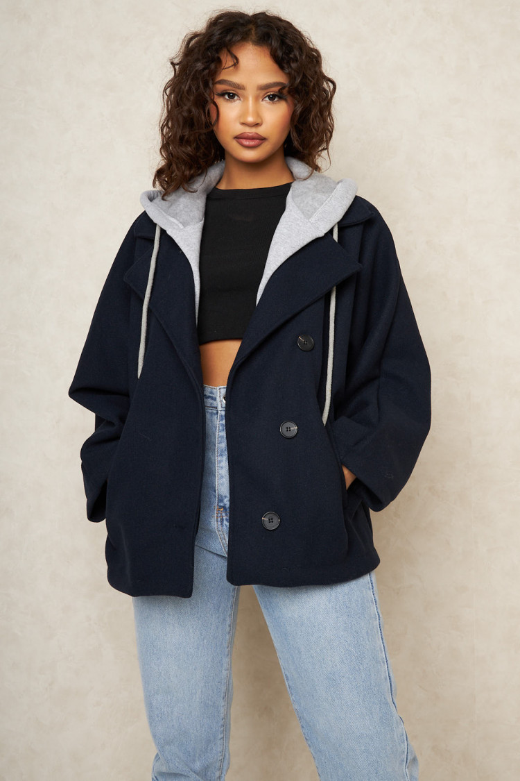 Veste à empiècement capuche bleu foncé et grise