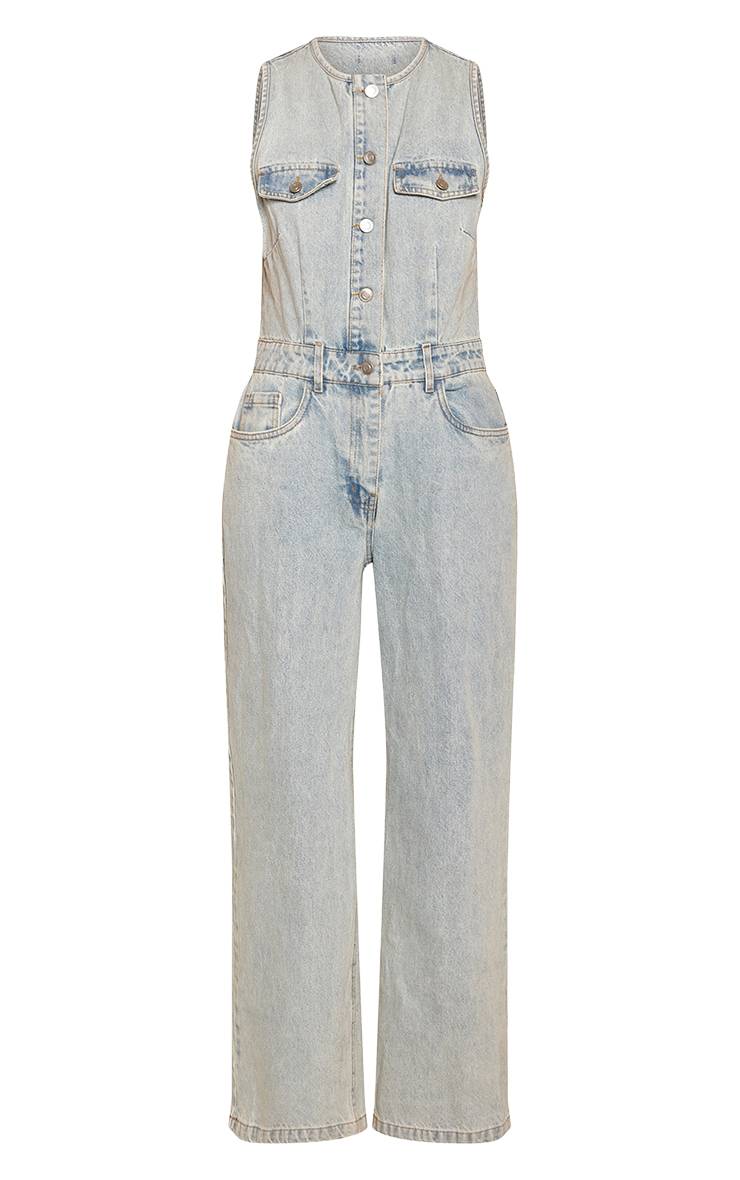 Bleu Clair Combinaison-pantalon En Denim Style Chemise Sans Manches