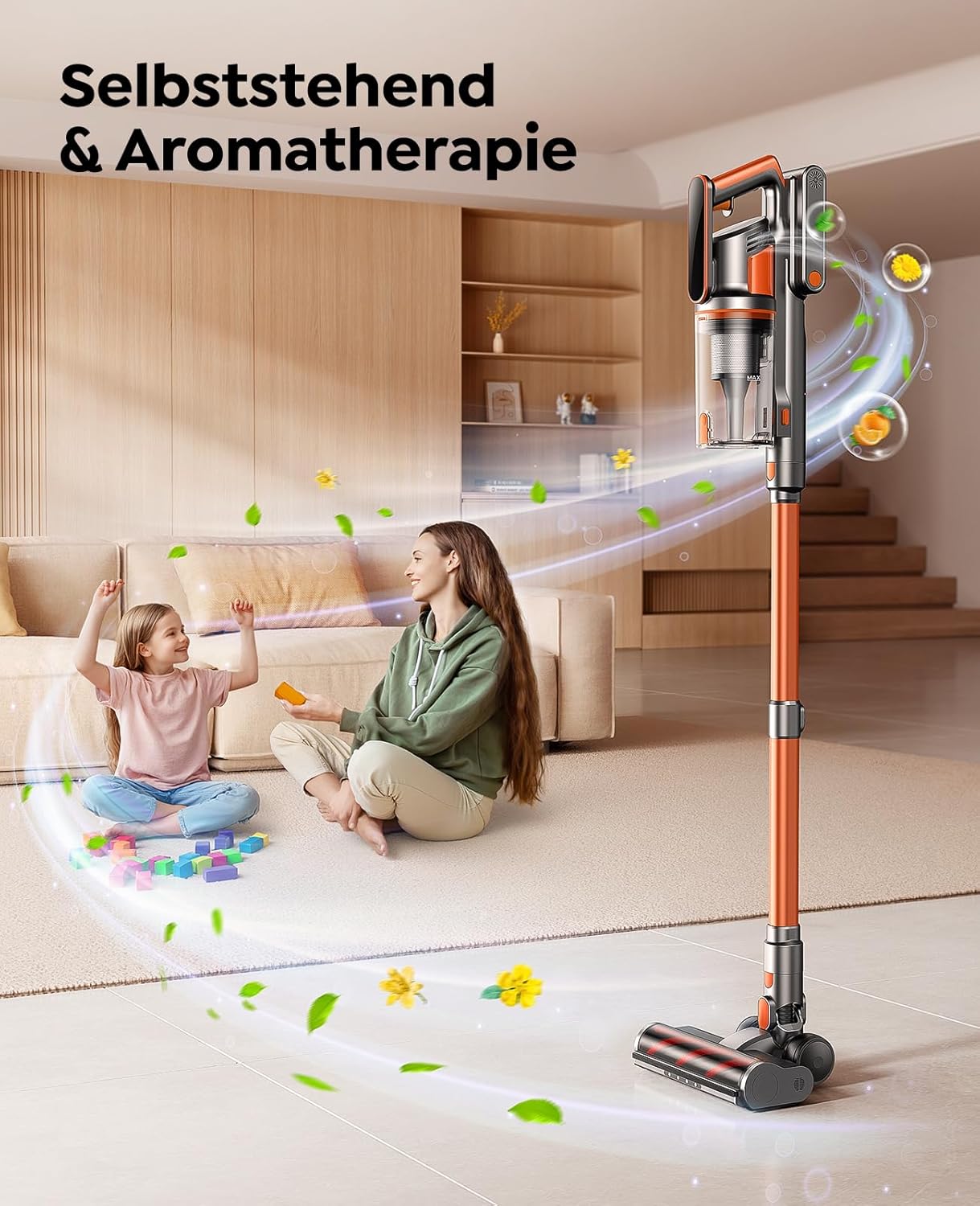 Fieety Akku Staubsauger,600W/50kPa/65Min Staubsauger Kabellos mit Wandmontierte Ladestation, Aromatherapie, Automatikmodus, Touchscreen, 1M Ausziehbarer Schlauch für Hartböden Teppiche Tierhaare Auto
