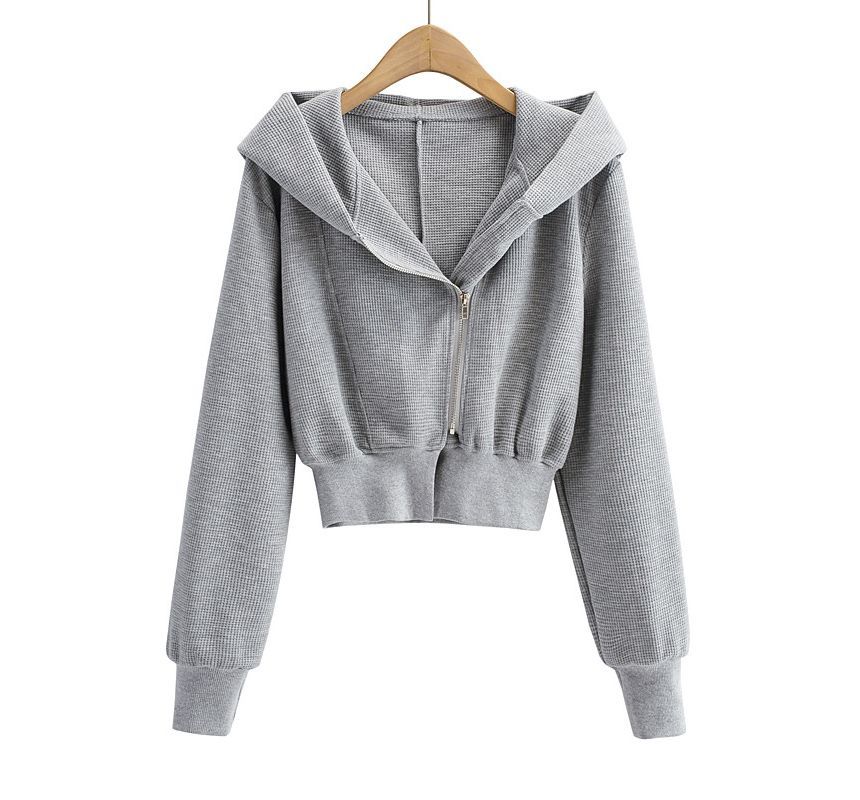 Sundine - Effen cropped hoodie met wafelstructuur en rits
