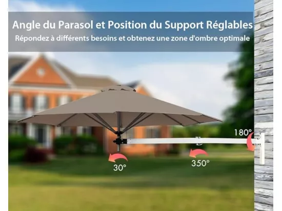 Parasol Mural en Aluminium Ø 250 CM, Parasol en Porte-à-Faux de Balcon avec Mât Réglable, Parasol Inclinable avec Tissu anti-UV et Évent, pour Terrasse, Jardin, Café (Brun)