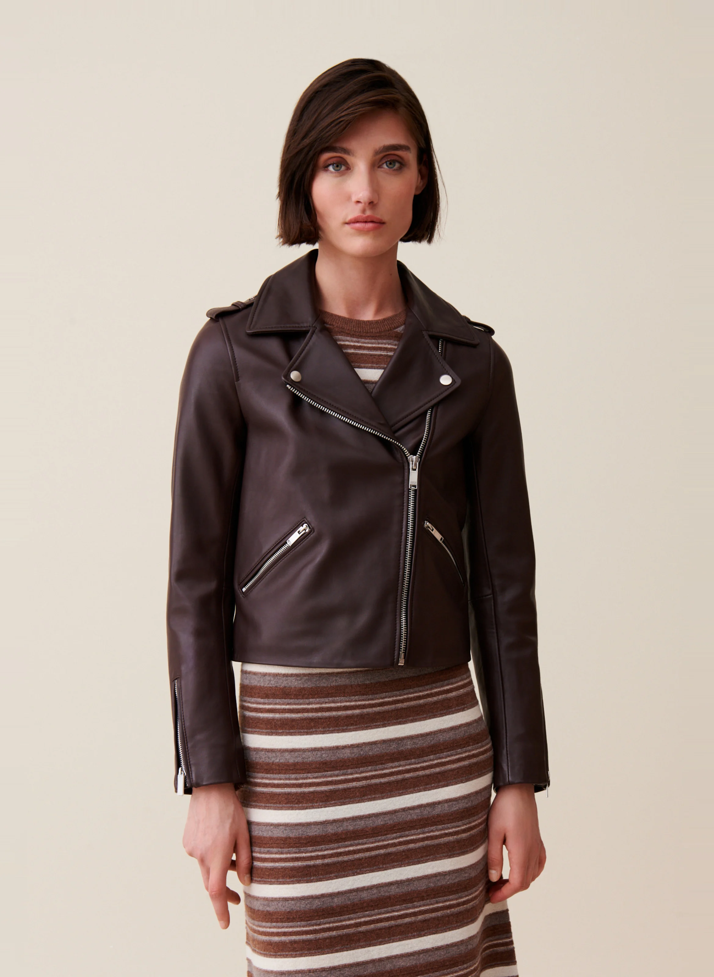 Veste en cuir ajustée | Marron