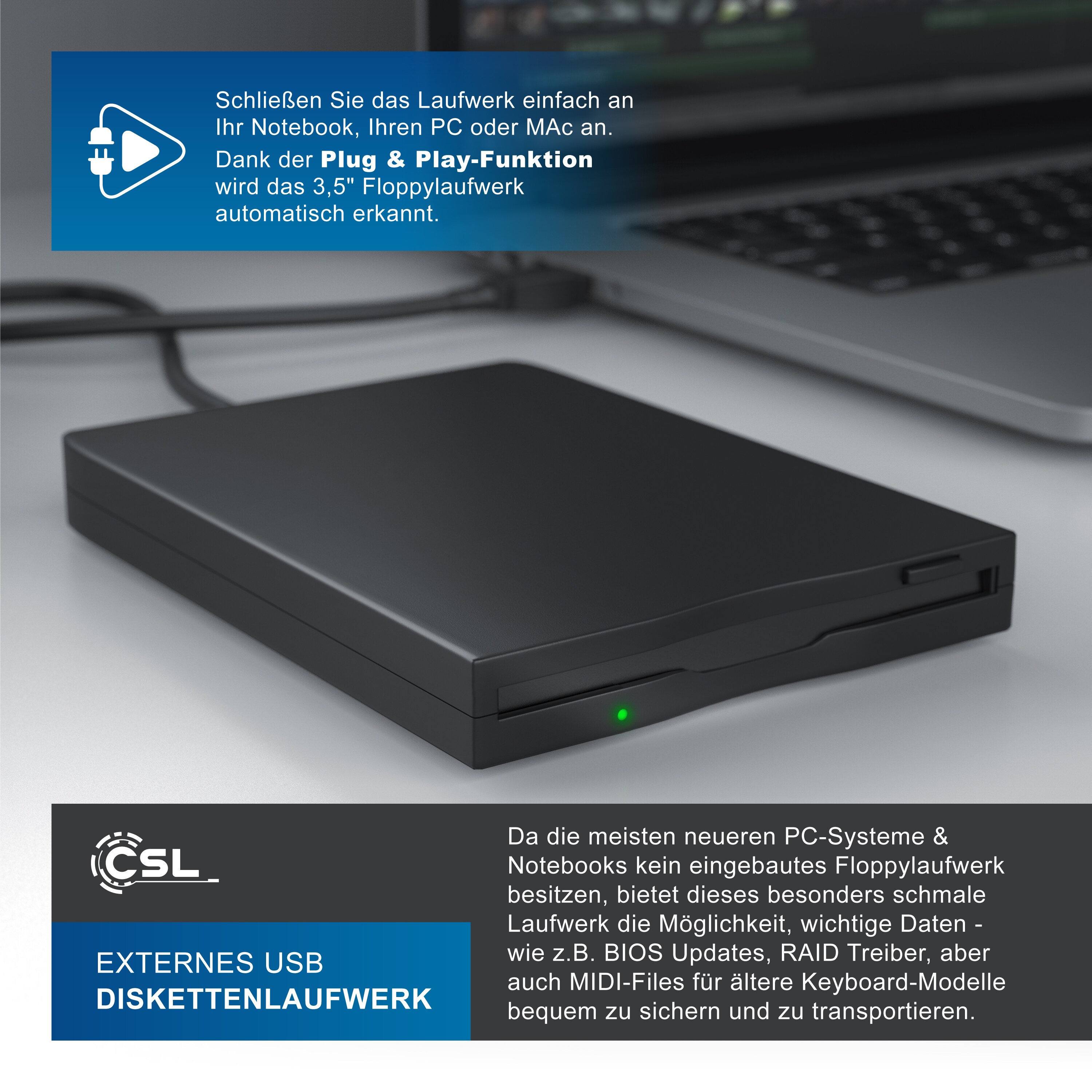 CSL Diskettenlaufwerk Externes USB Diskettenlaufwerk FDD 1,44MB (3,5) geeignet für PC & MAC
