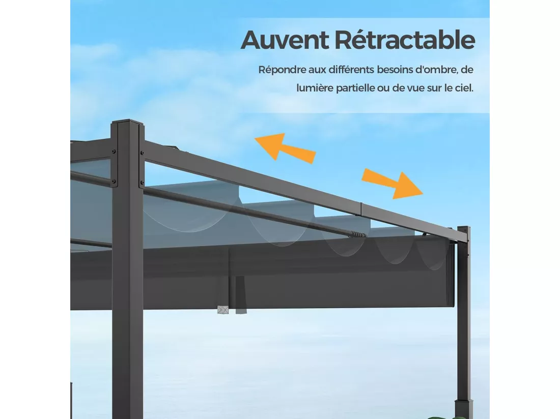 Pergola d'Extérieur 310 x 310 CM avec Auvent Rétractable, Abri Colonnes Métalliques Robustes Pavillon Moderne Pare-Soleil, Tonnelle pour Jardin Patio Terrasse Porche, Gris