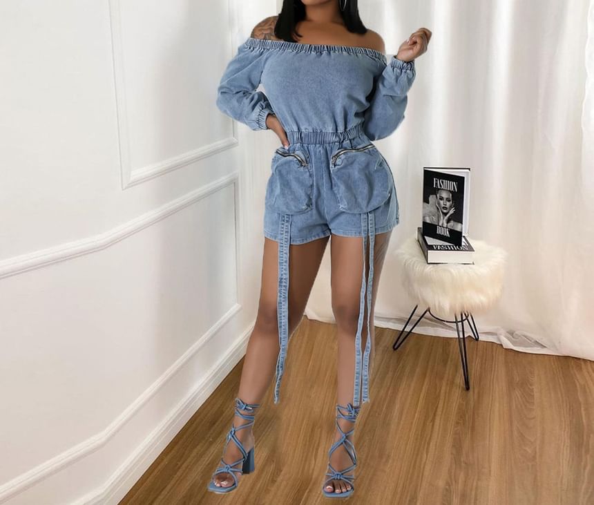 BrickBlack - Lange mouwen off-shoulder denim romper met wijde pijpen