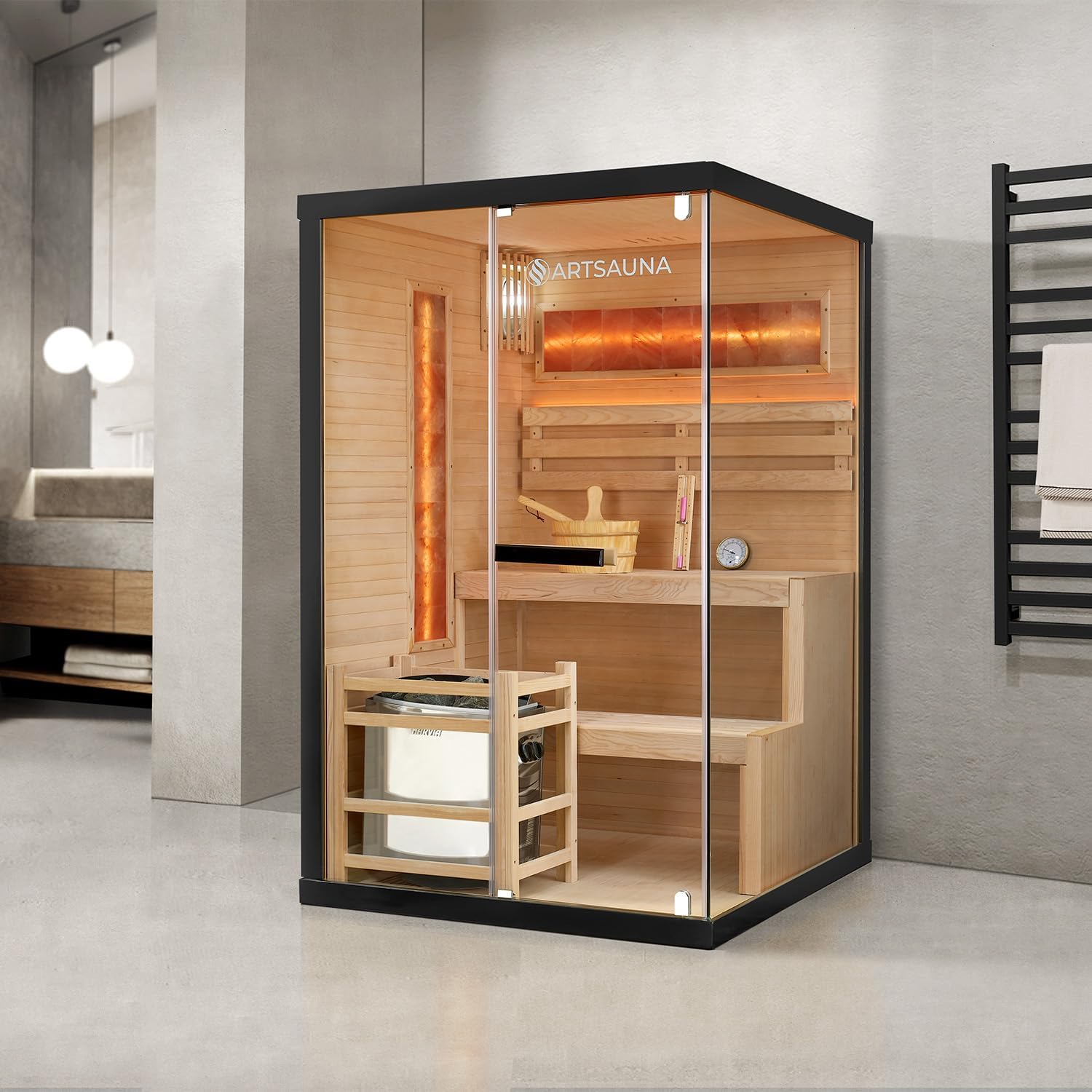 Artsauna Saunakabine Vantaa 120 mit Salzstein - Indoor Sauna 2 Personen - 3,5k W Ofen, Glasfront, LED Licht, Thermometer & Sanduhr - Komplett Set