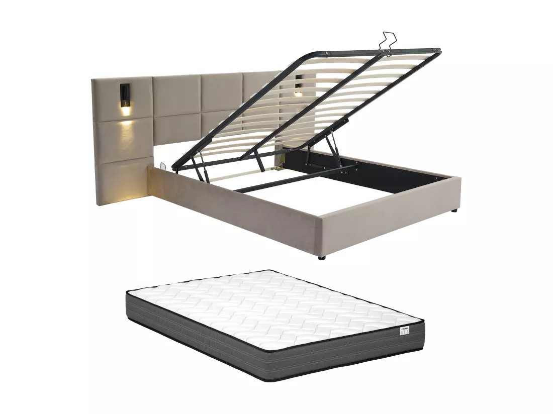 Lit coffre 180 x 200 cm avec tête de lit et lampe intégrée - Velours - Taupe + Matelas - SARETO