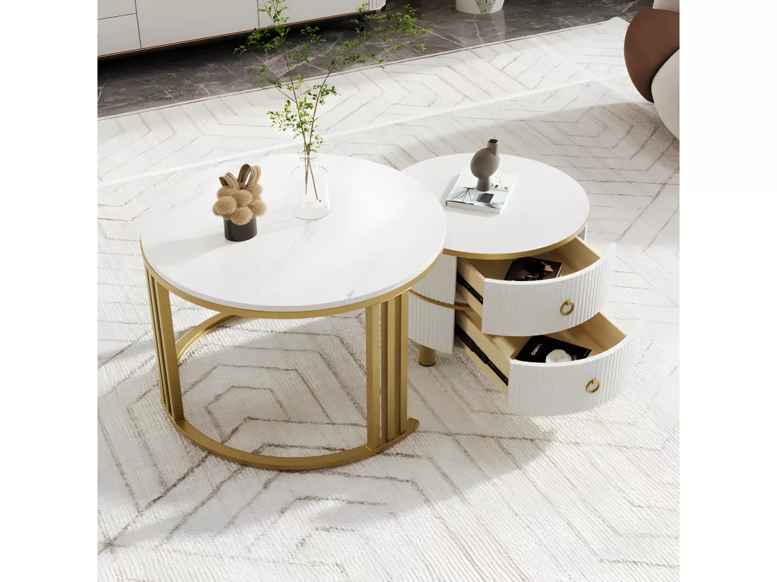 Lot de 2 tables basses gigognes avec 2 tiroirs - plateau à motif de marbre - Doré & Blanc