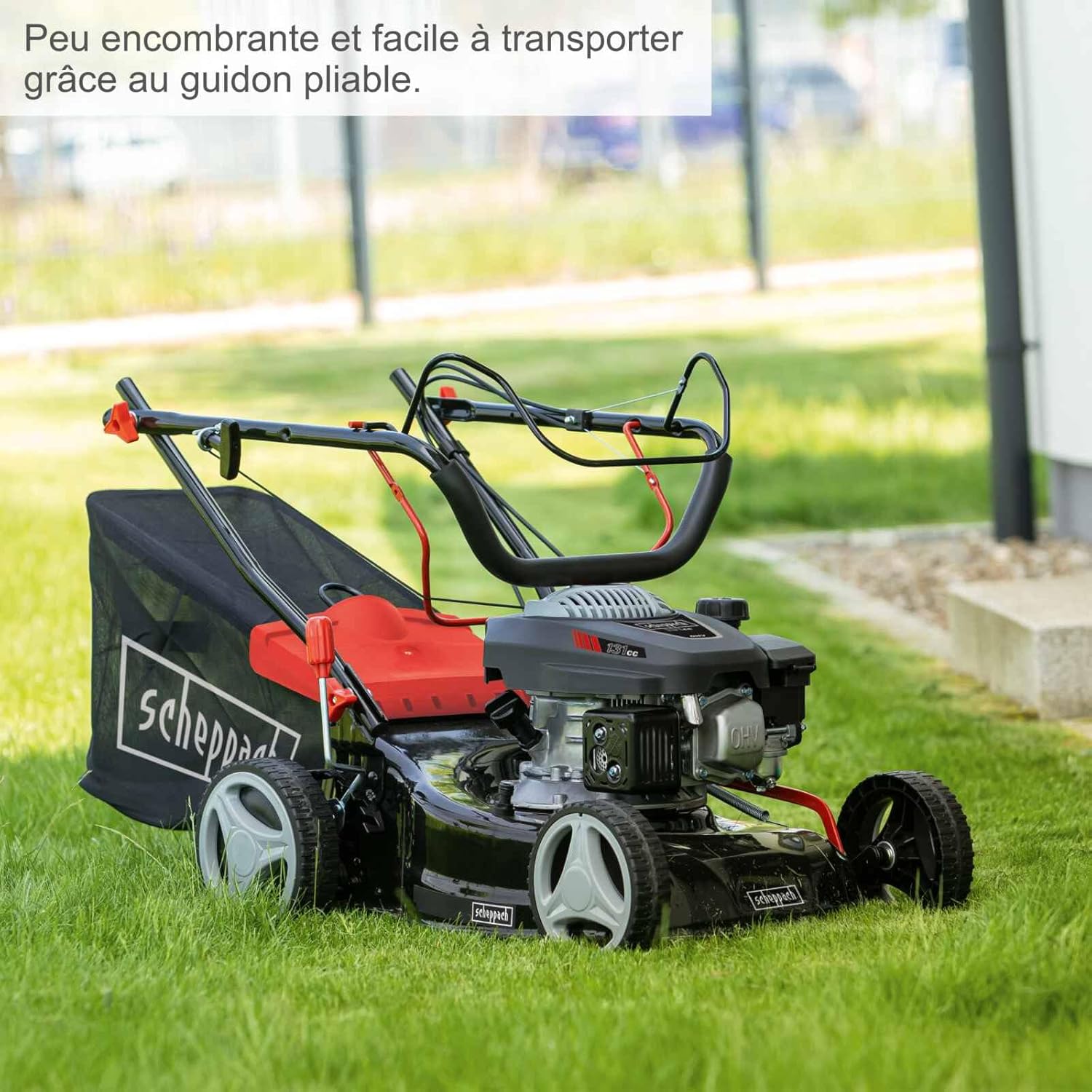 Scheppach Tondeuse à Gazon Thermique MS132-42 |3,4 CV | Largeur de Coupe 42cm | Robuste | Fonction Mulching | Panier de 45L | Réglage de la Hauteur en 7 étapes (25-75mm)