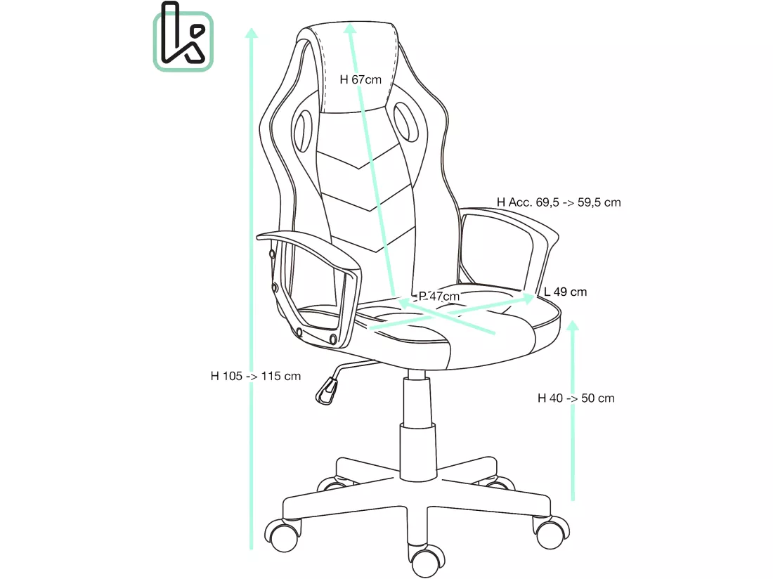 Chaise Gamer junior siège basculant hauteur réglable pivotant roulettes SENA (noir bleu)