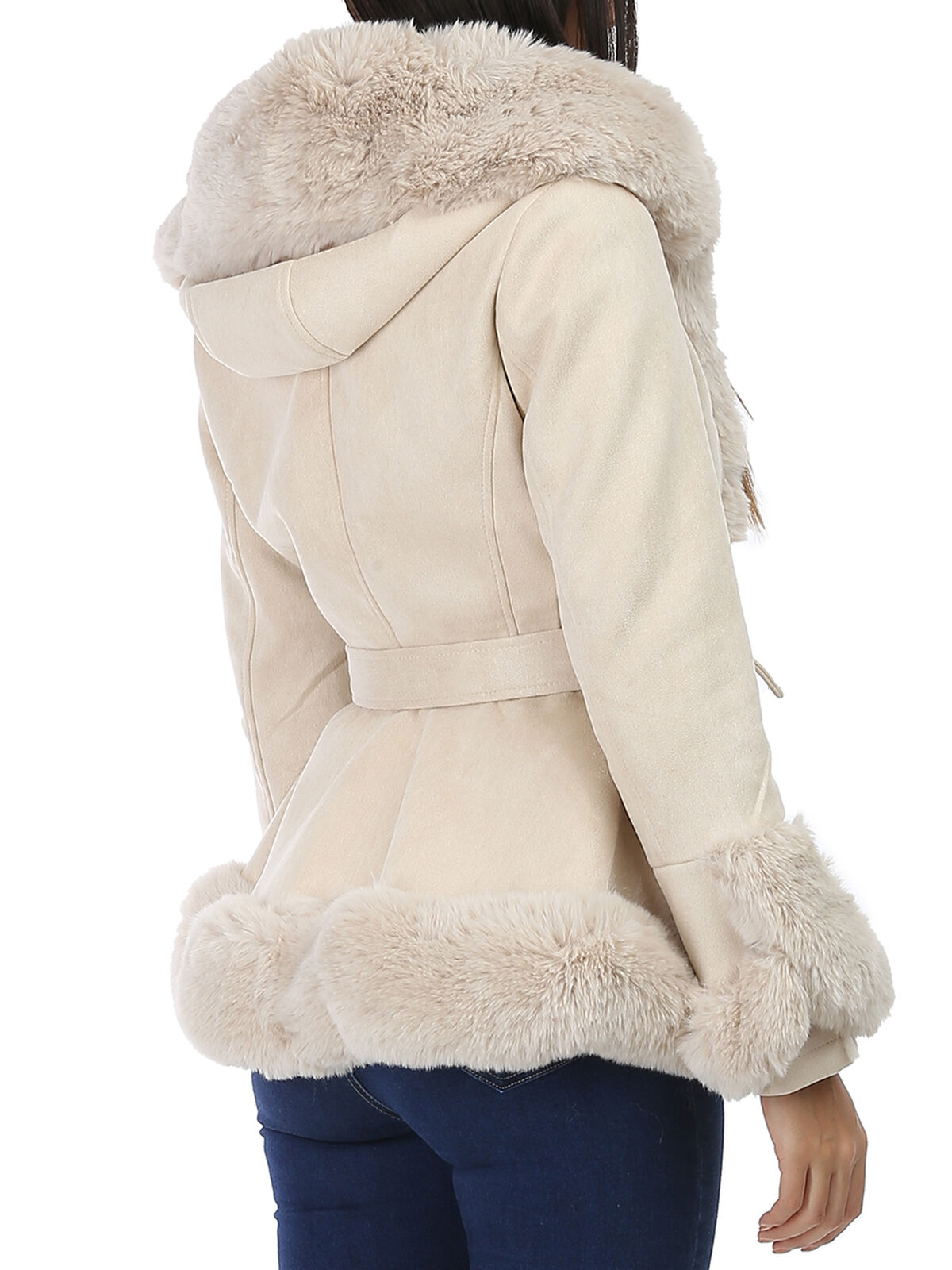 Manteau court en suédine et fourrure à capuche- Beige