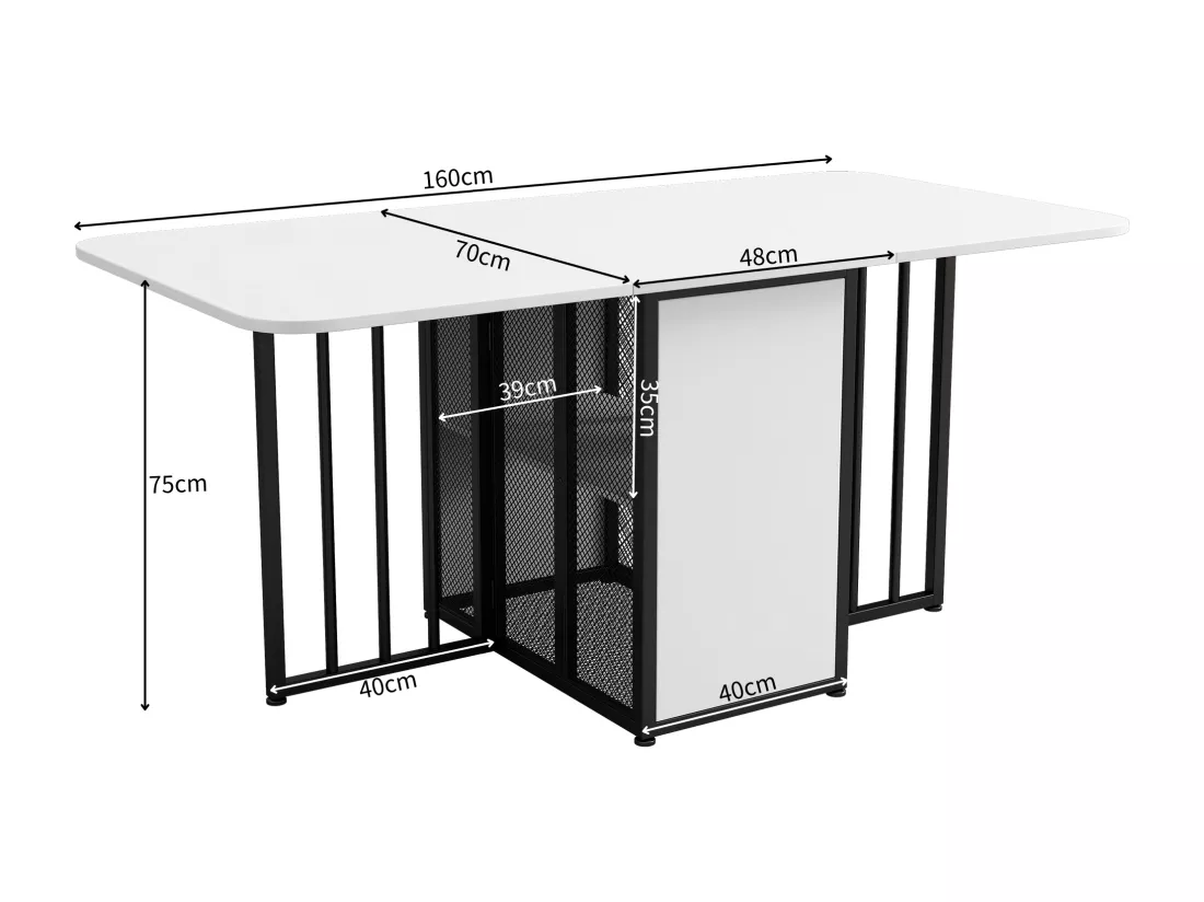 Table à manger extensible 2 à 6 couverts avec étagères de rangement - Panneau de particules et métal - blanc + noir