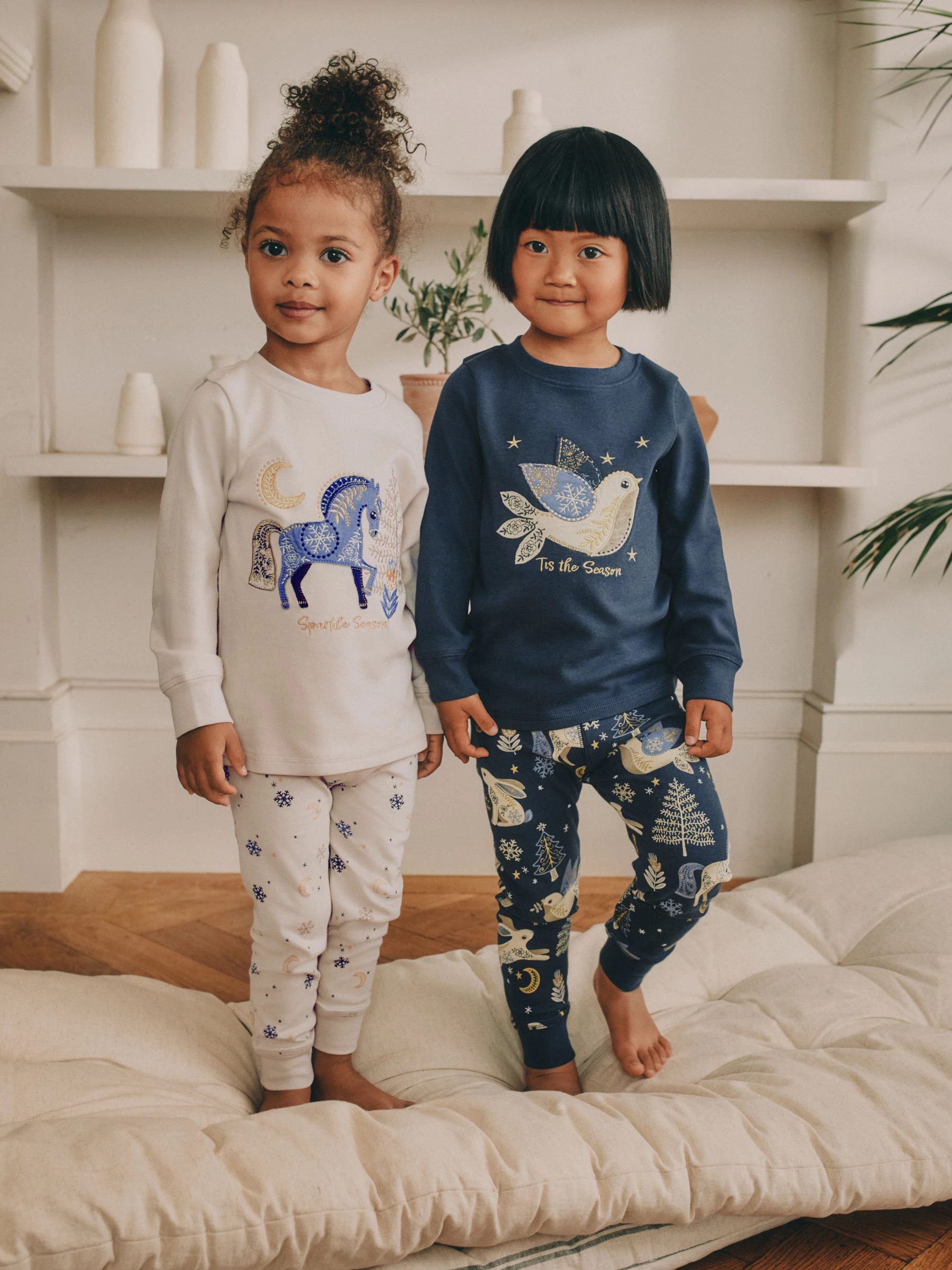 Marineblauw / Cream met paard - Set van 2 knusse Kerstmis Pyjama's (9mnd-12jr)