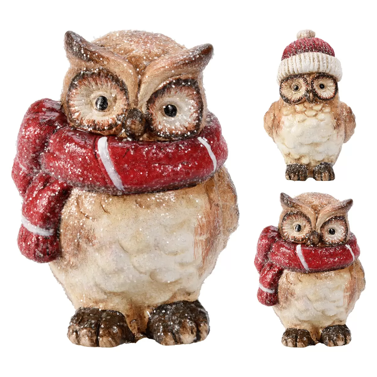Eule stehend Owl Winter rot,weiss,braun