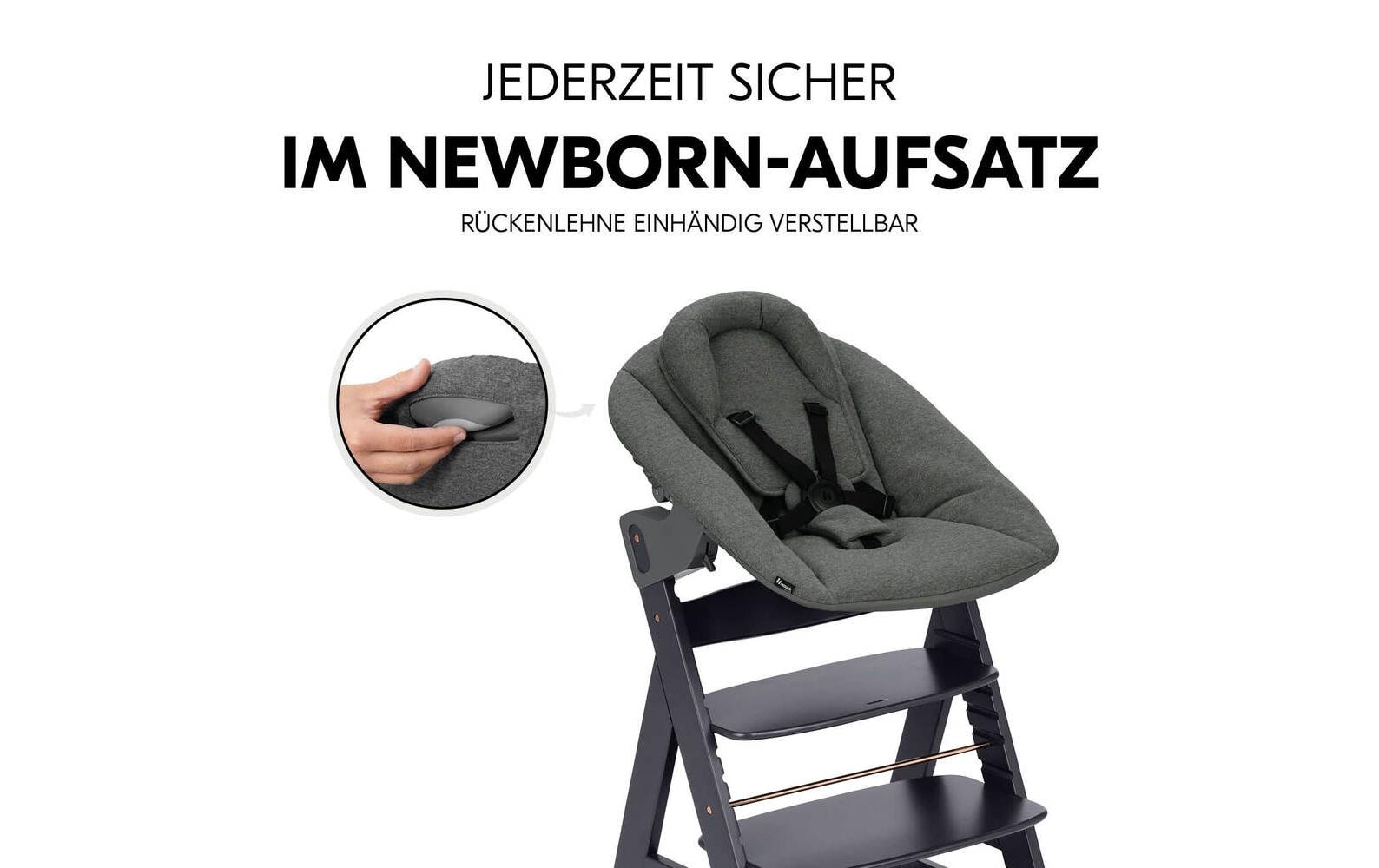 Treppenhochstuhl Alpha Newborn Set Plus Dark Grey<br>Hochstuhl mit 5-Punkt-Gurt