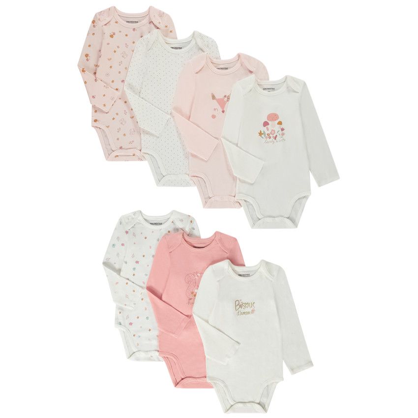 Lot de 7 bodies manches longues forêt pour bébé fille avec ouvertures différentes selon l'âge - Ecru