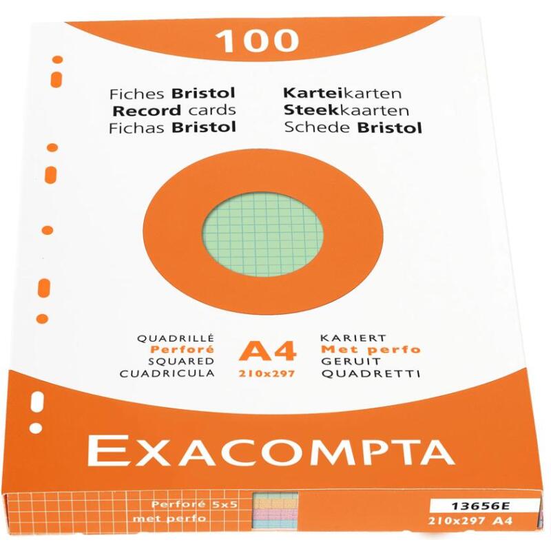 Étui de 100 fiches - bristol quadrillé 5x5 perforé 210x297mm - Couleurs assorties