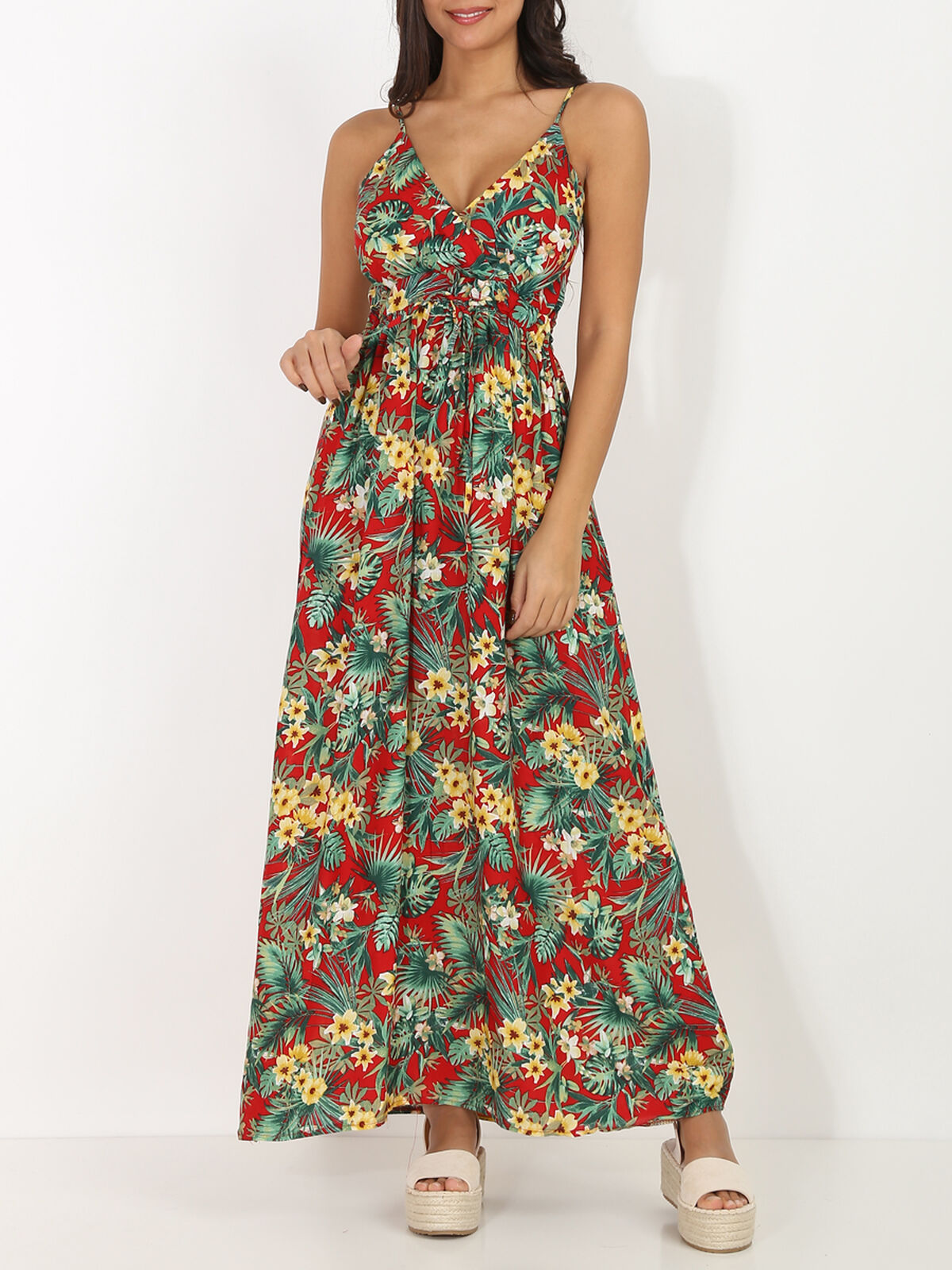Robe longue à bretelles et motif tropical- Rouge