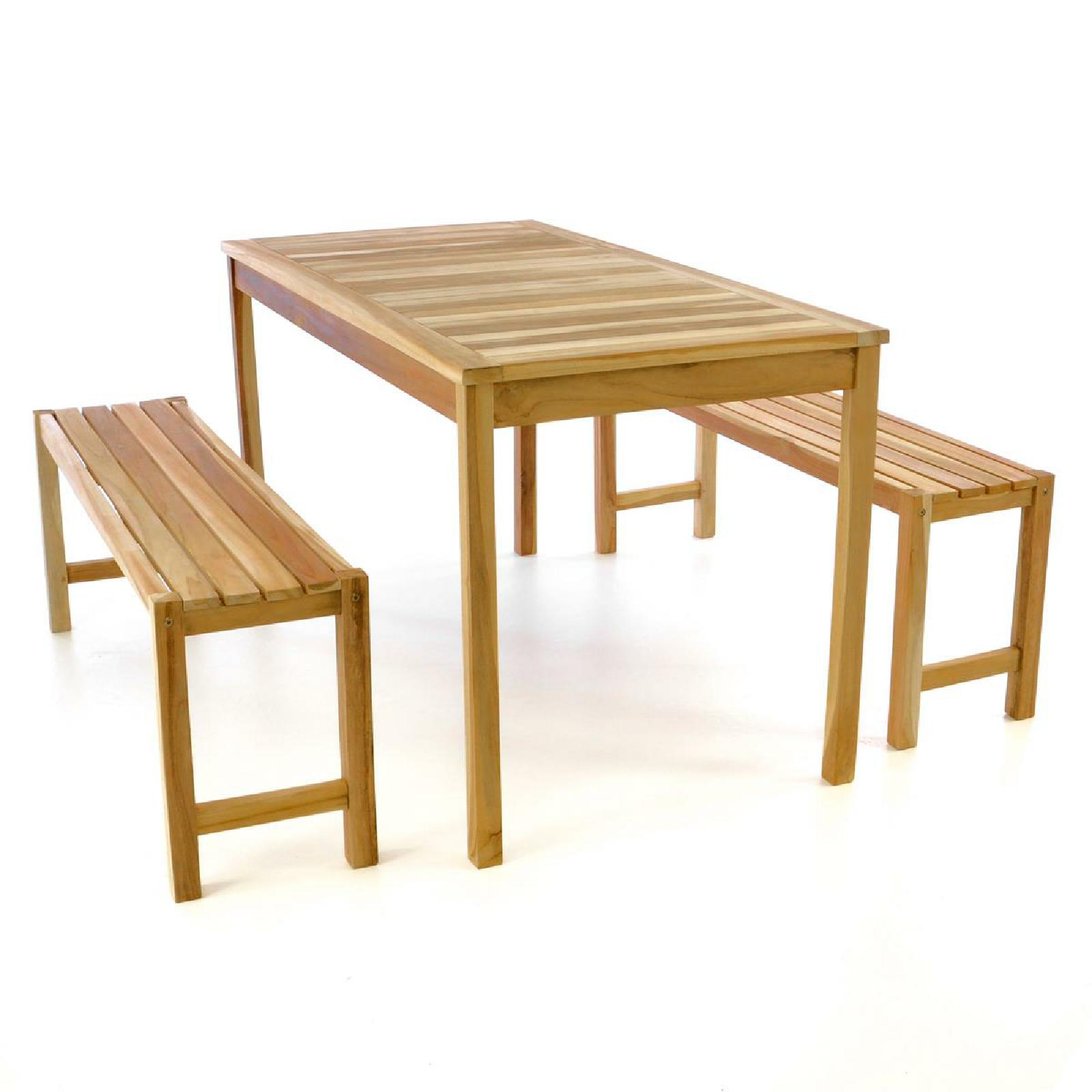 VCM 3-tlg. Gartenmöbelset Picknickset Sitzgruppe natur Teakholz Garten Bank Tisch 135cm