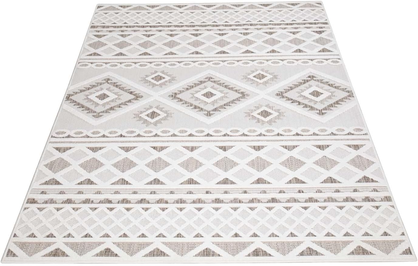 carpet city In-& Outdoor Teppich - 240x340 cm - für Innen-& Außenbereich - Wetterfest Balkon-Teppich, Terrasse, Flur, Küche - Wohnzimmer-Teppiche - Hochtief/ 3D-Effekt - Ethno-Look in Creme
