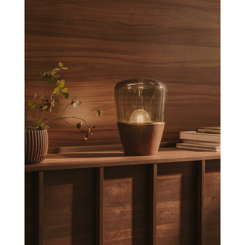 Lampe de table Silex en placage de noyer et verre vert
