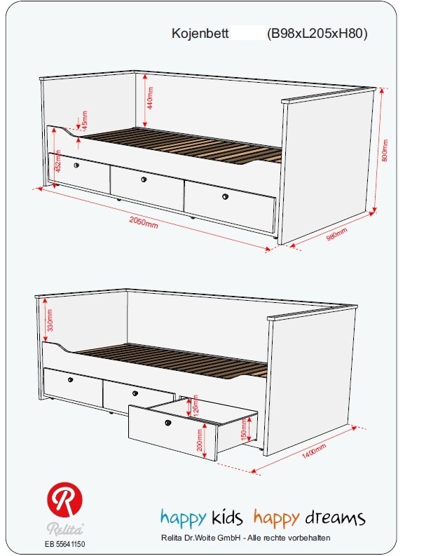 Relita Funktionsbett eLeona 90x200 cm ohne Lattenrost, mit 3 Schubladen, Ausf. Weiß lackiert