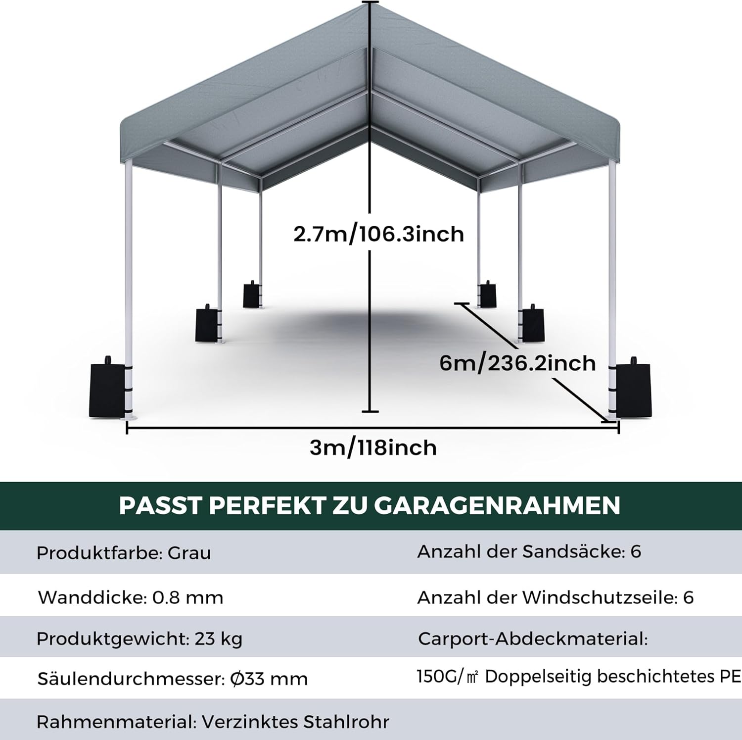 Carport 3x6 m Zeltgarage Carport mit Dach, UV-beständig wasserdicht Garagenzelt Unterstand Lagerzelt Weidezelt Garagenüberdachung für Auto, SUV, LKW, Boot, Auto Garage Zelt für Garten Party