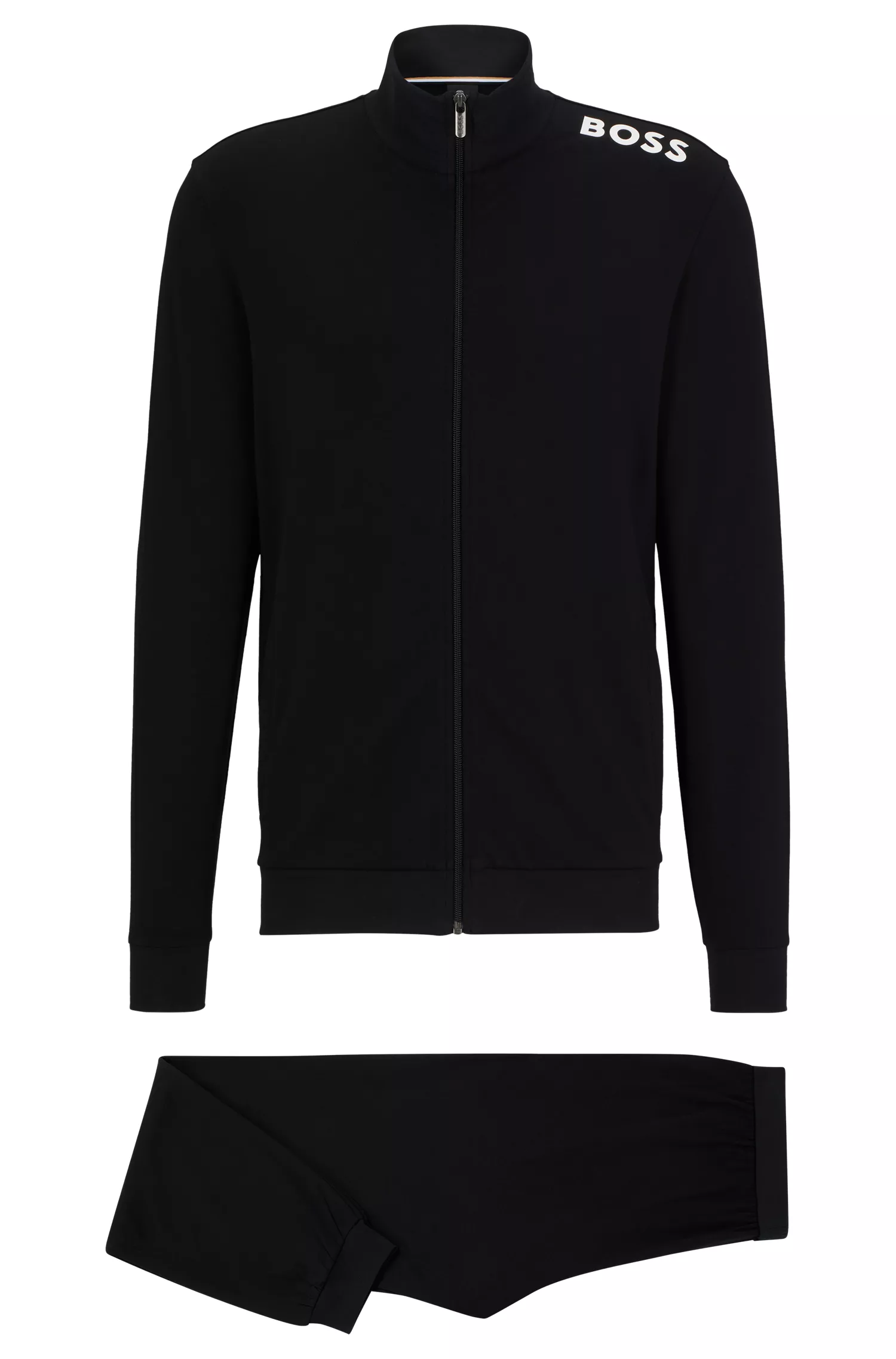 Conjunto de roupa de descanso BOSS em algodão stretch preto com detalhes do logotipo.