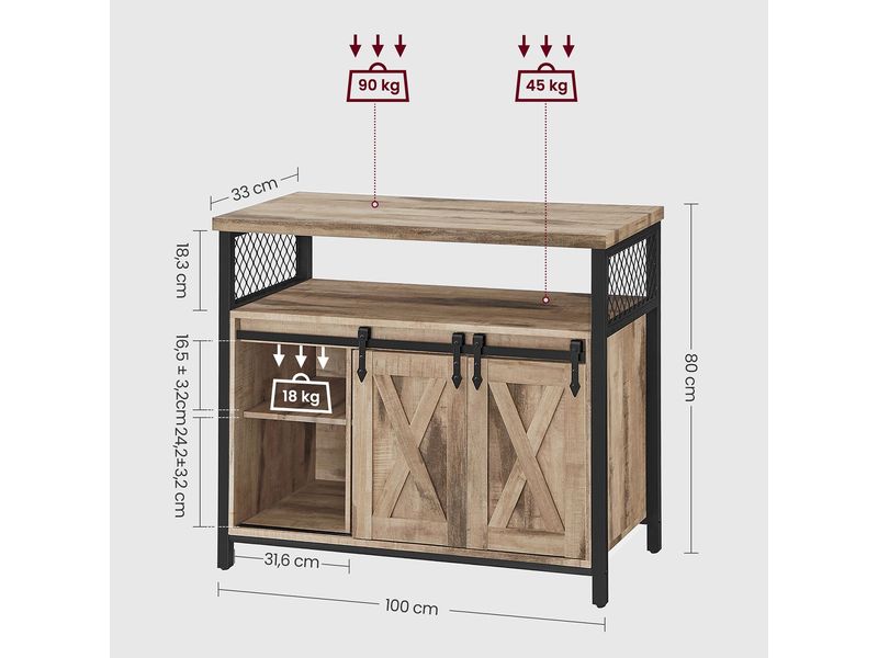 VASAGLE Kommode 100 x 80 cm, Braun/Schwarz Aufbewahrungsschrank mit Schiebetüren