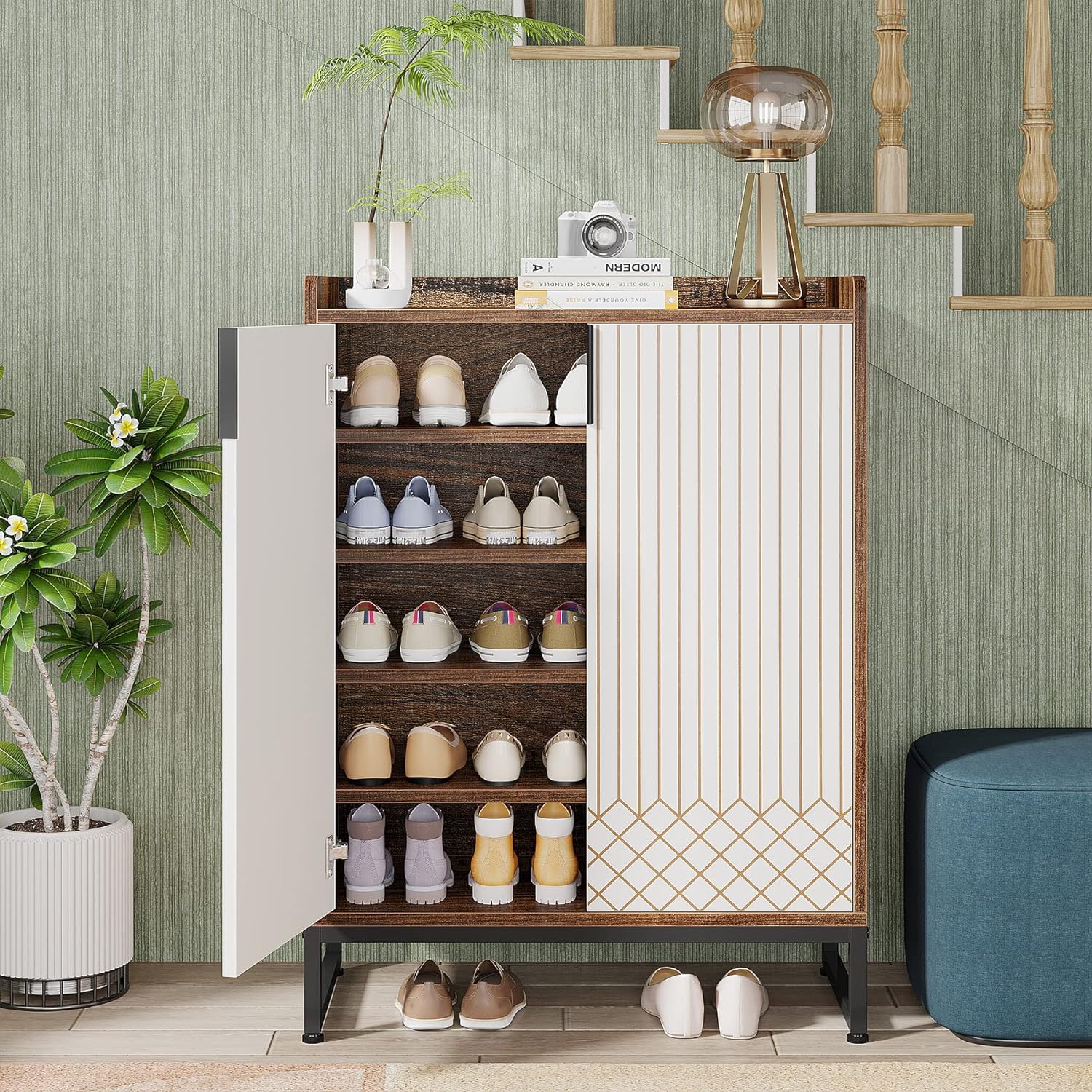 LITTLE TREE Moderner Schuhschrank mit Türen für bis zu 25 Paar Schuhregal aus Holz, 5 Ebenen, für Eingangsbereich, Schlafzimmer, Flur, Wohnzimmer, tiefes Walnuss und Weiß, Technisches, Metall, Large