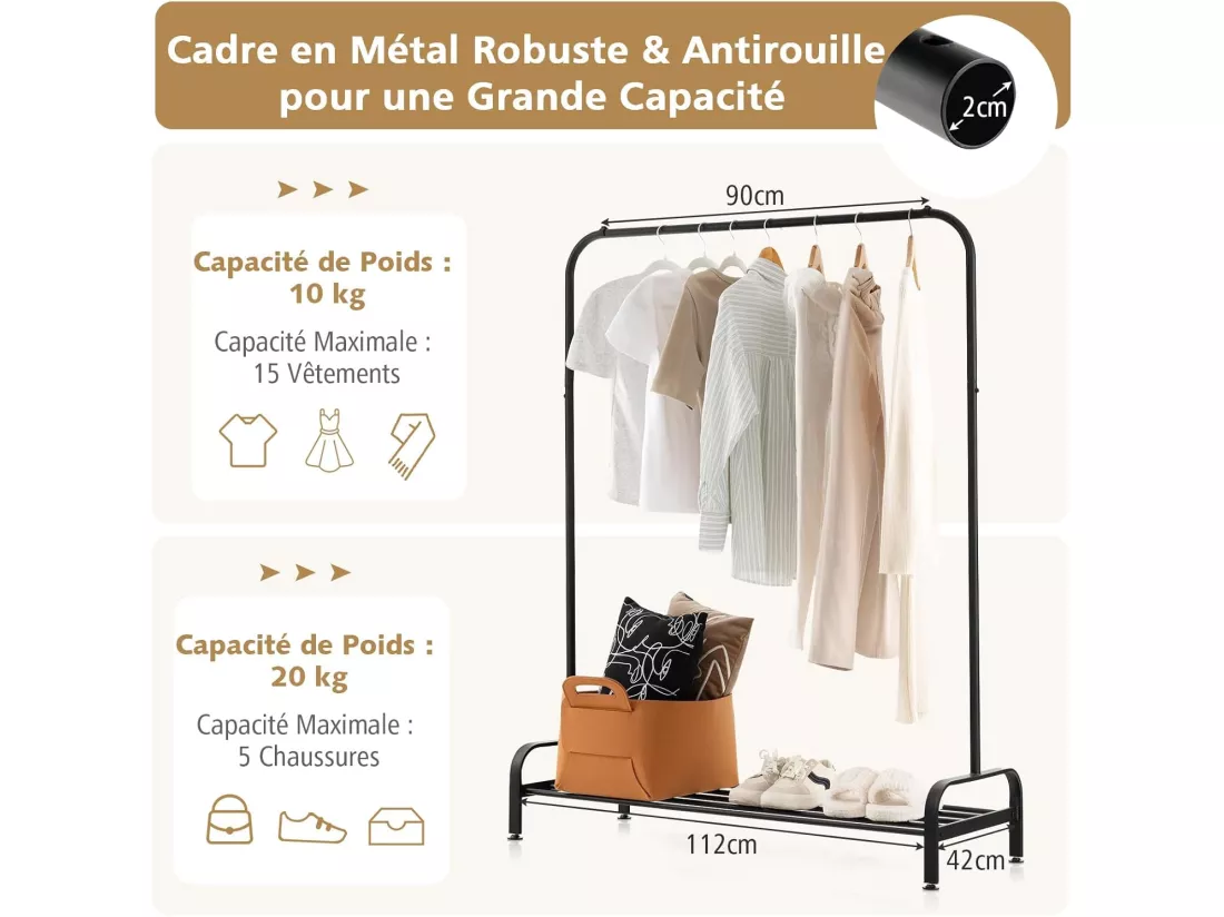 Portant à Vêtement avec Étagère de Chaussures, Penderie Vêtement Hauteur 145CM, Tube en Fer, 4 Pieds Réglables, Portique Vêtement pour Chambre, Salon, Noir