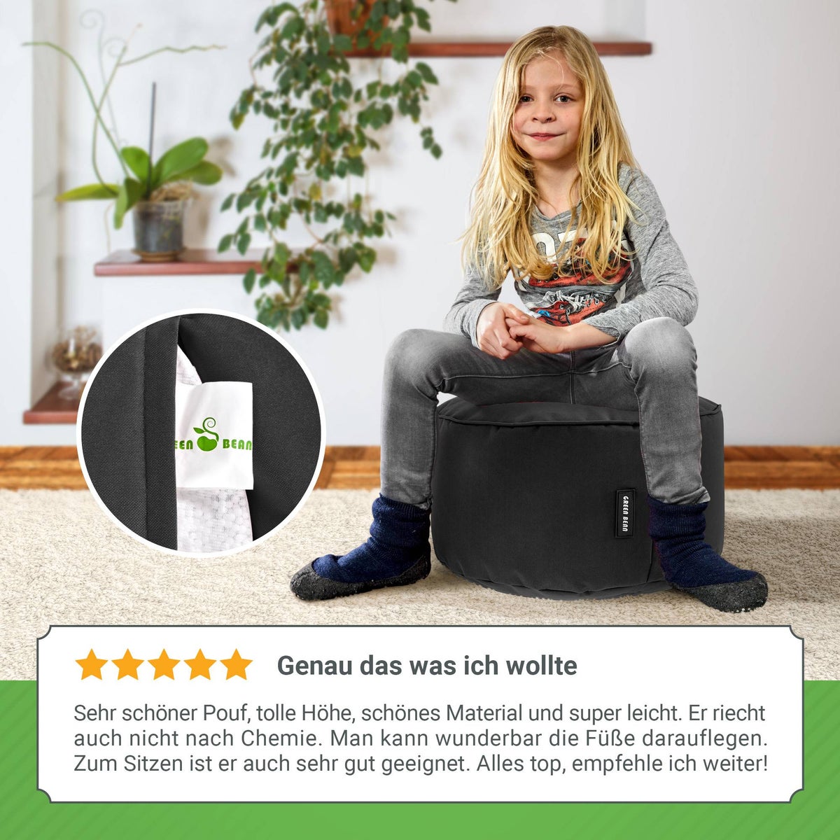 Green Bean Zitzakkruk 45x25cm met EPS-korrelvulling - Voetenbank Voetkussen Zitpoef voor Zitzakken - Vloerkussen voor Kinderen en Volwassenen - Voetsteun Zitkussen Zitkruk Zwart