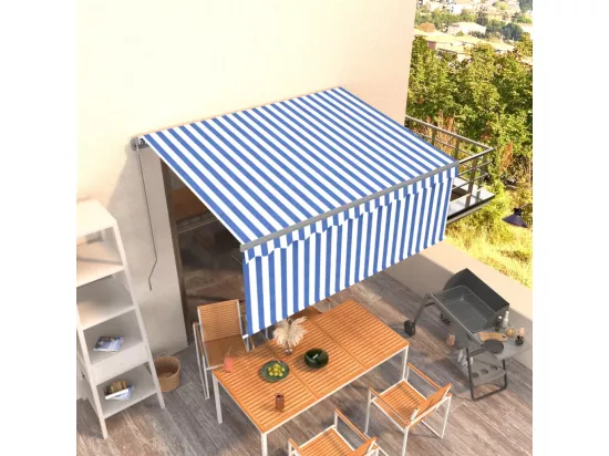 Auvent rétractable manuel avec store 3,5x2,5 m Bleu et blanc