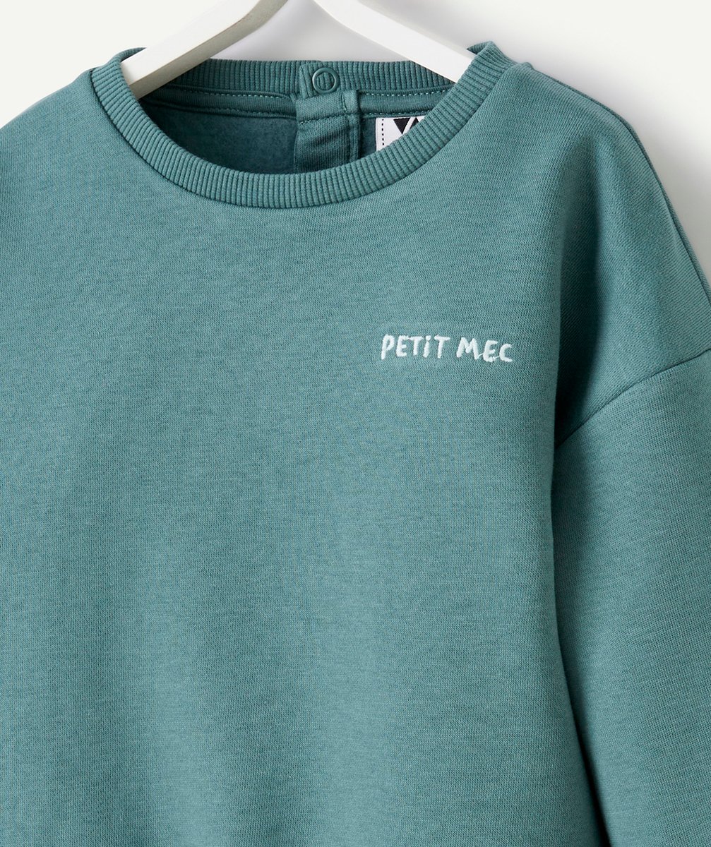 SWEAT BÉBÉ GARÇON EN FIBRES RECYCLÉES VERT AVEC MESSAGE BRODÉ PETIT MEC