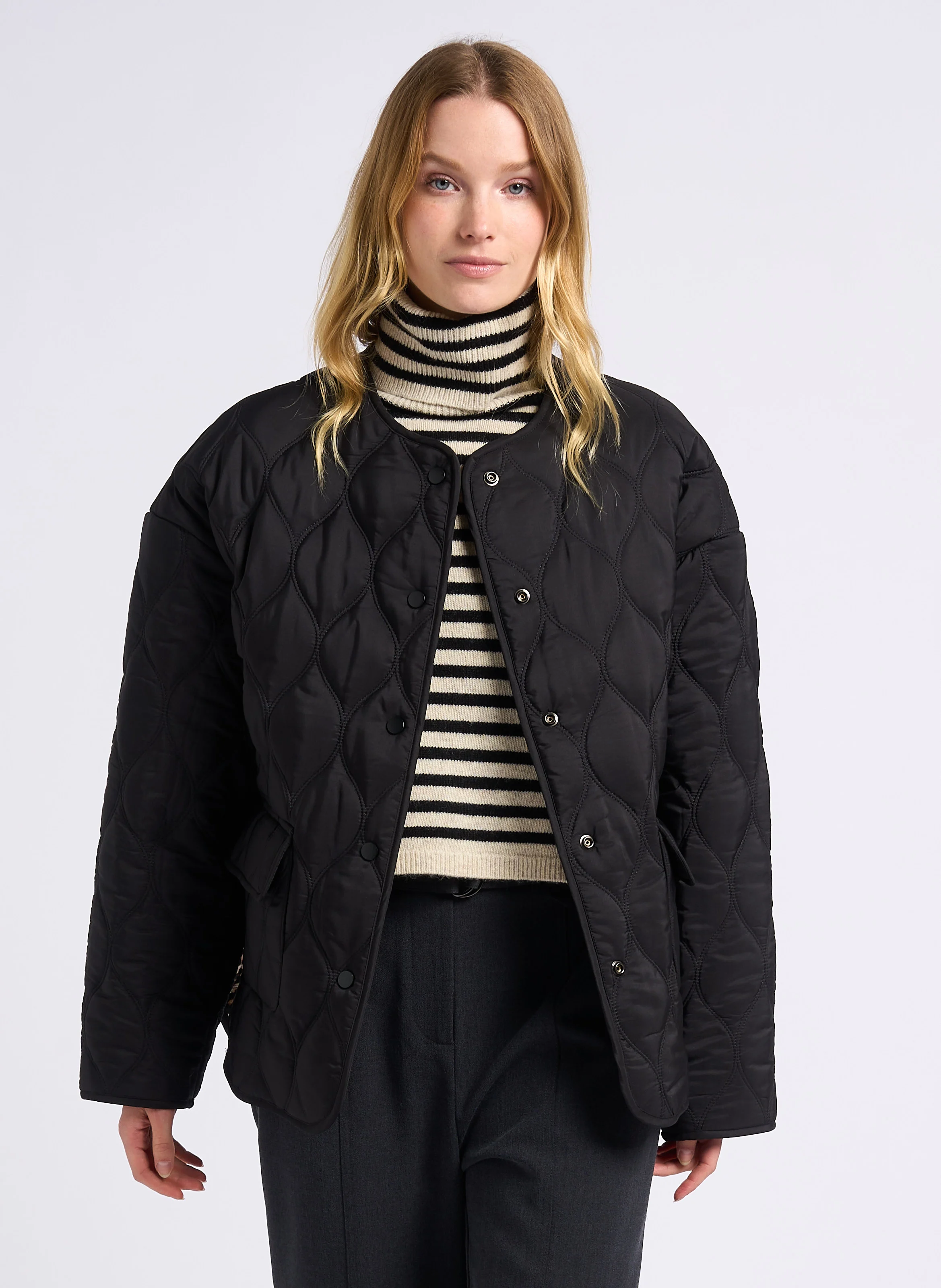 EVAN - Veste col rond matelassée à imprimé léopard | Noir