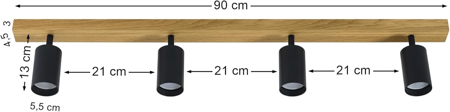 LED Wood Deckenstrahler 4 Flammig Schwenkbar - Handgefertigte Spots Deckenleuchte Modern aus Eiche - Strahler Deckenlampe Holz - GU10 Spotlight Lampe Wohnzimmer (Ohne Glühbirne) - Länge 90cm