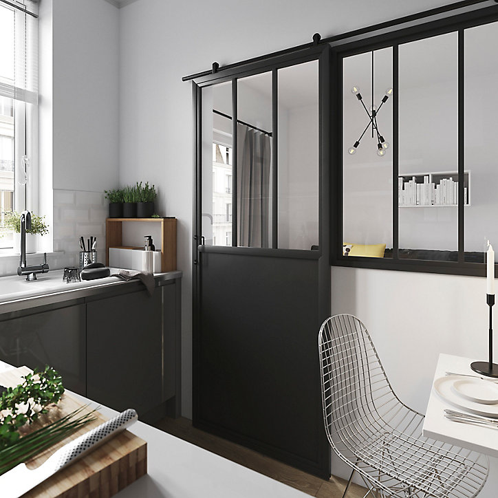 Porte coulissante Atelier noire 3 vitrages H.204 x l.83 cm