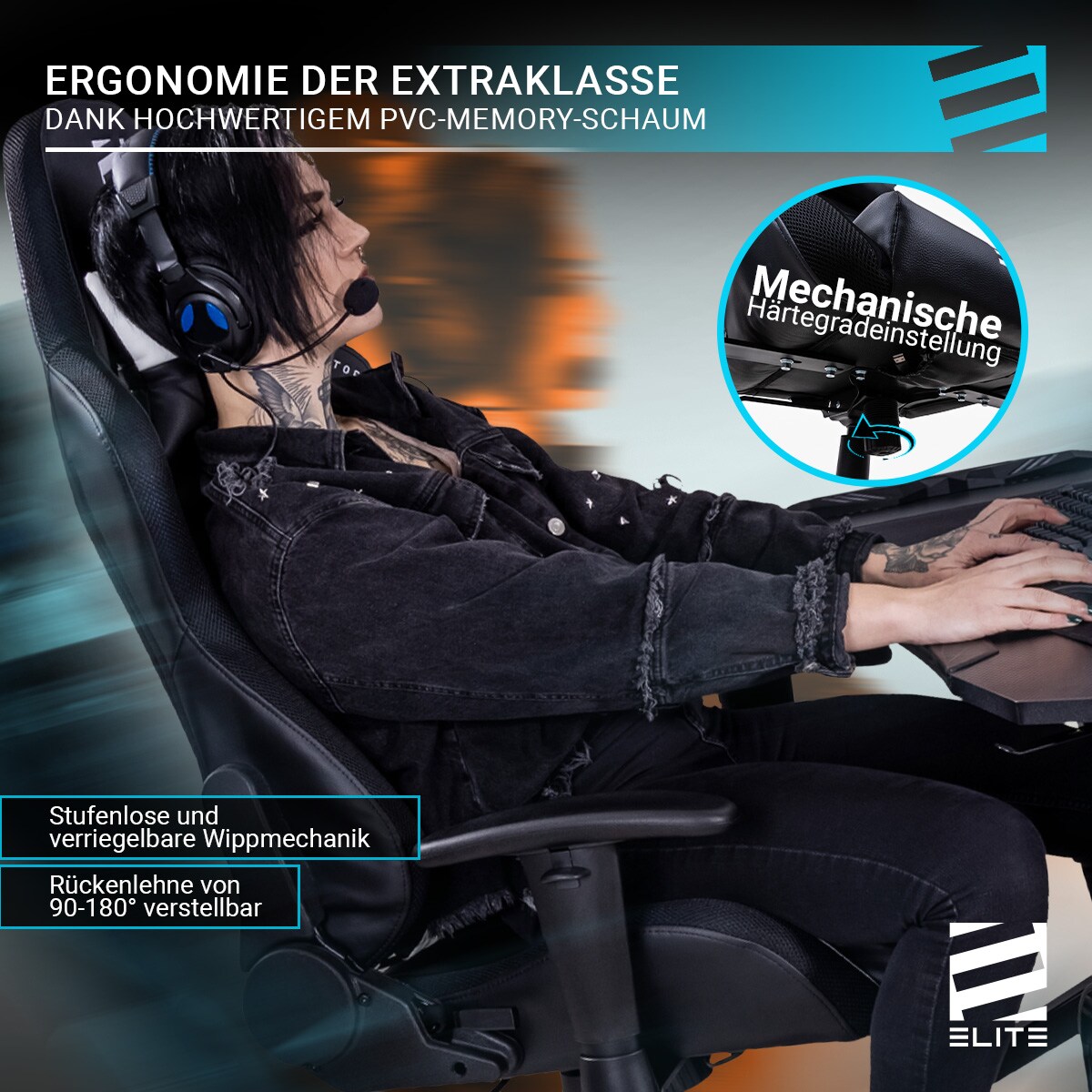 ELITE Gaming-Stuhl DESTINY, Rücken- und Nackenkissen, Wippmechanik, bis 170kg, Sitzhöhe 45-55, MG200 (Schwarz/Grün)