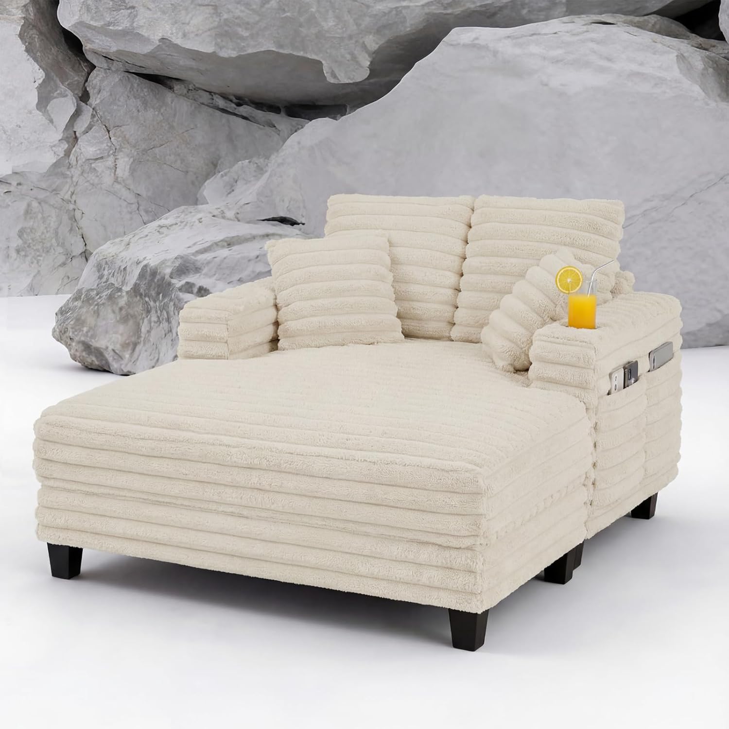 Oversized Chaiselongue Sofa, 163 cm Großer Schlafsessel mit stabilem Holzrahmen, Plüsch Cord Relaxliege mit 2 Getränkehaltern & 4 Taschen, Liegesessel für Wohnzimmer (Beige)