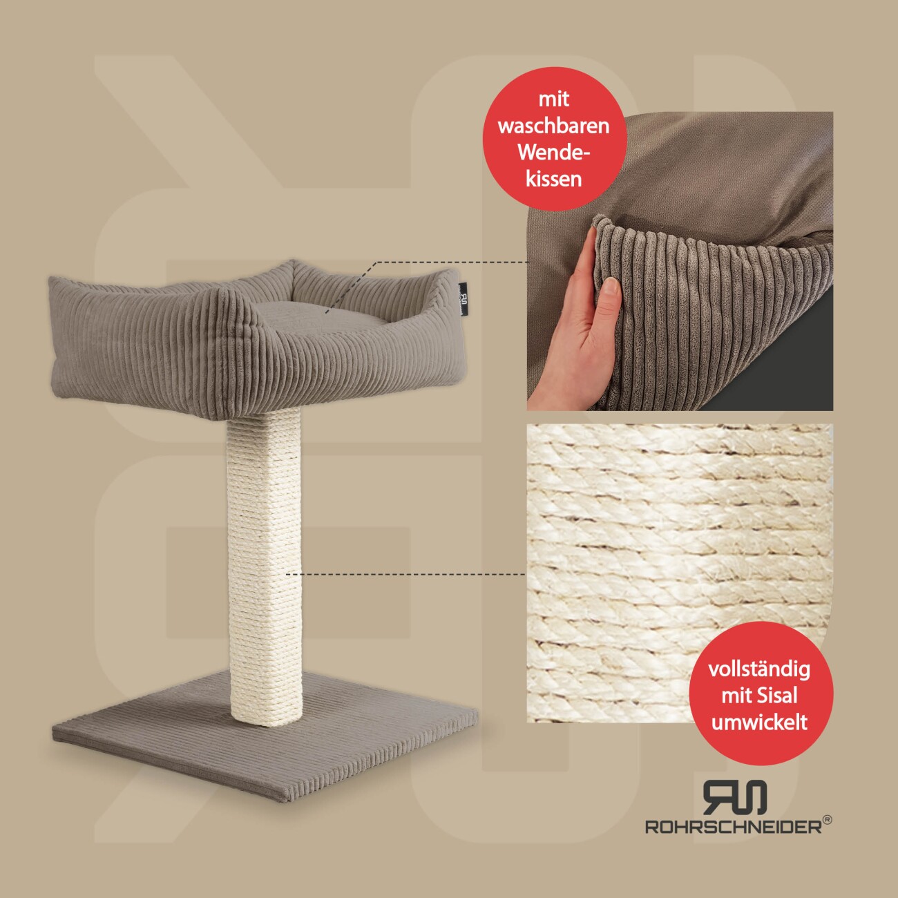 Rohrschneider ® Katzenbaum Wolly mit kuscheligem Katzenbett, waschbarer Kissenbezug