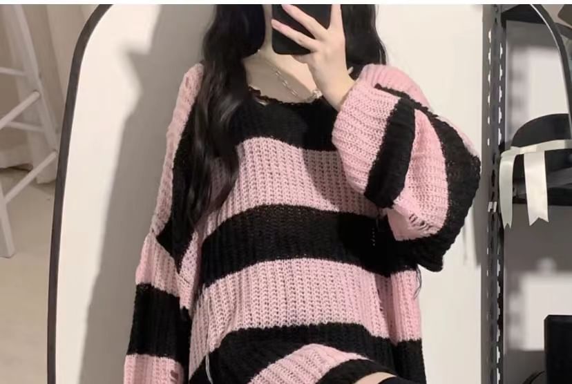 Porstina - Gestreepte, oversized trui met distressed effect