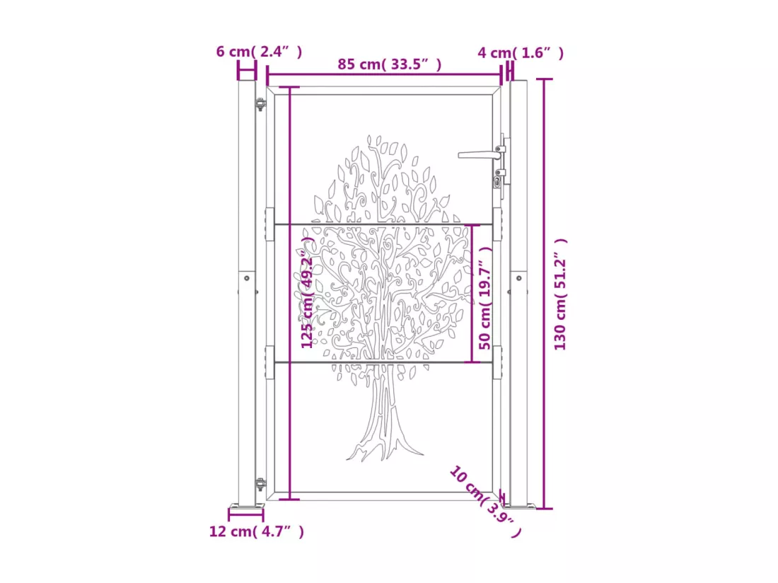 Portail de jardin anthracite 105x130cm acier conception d'arbre
