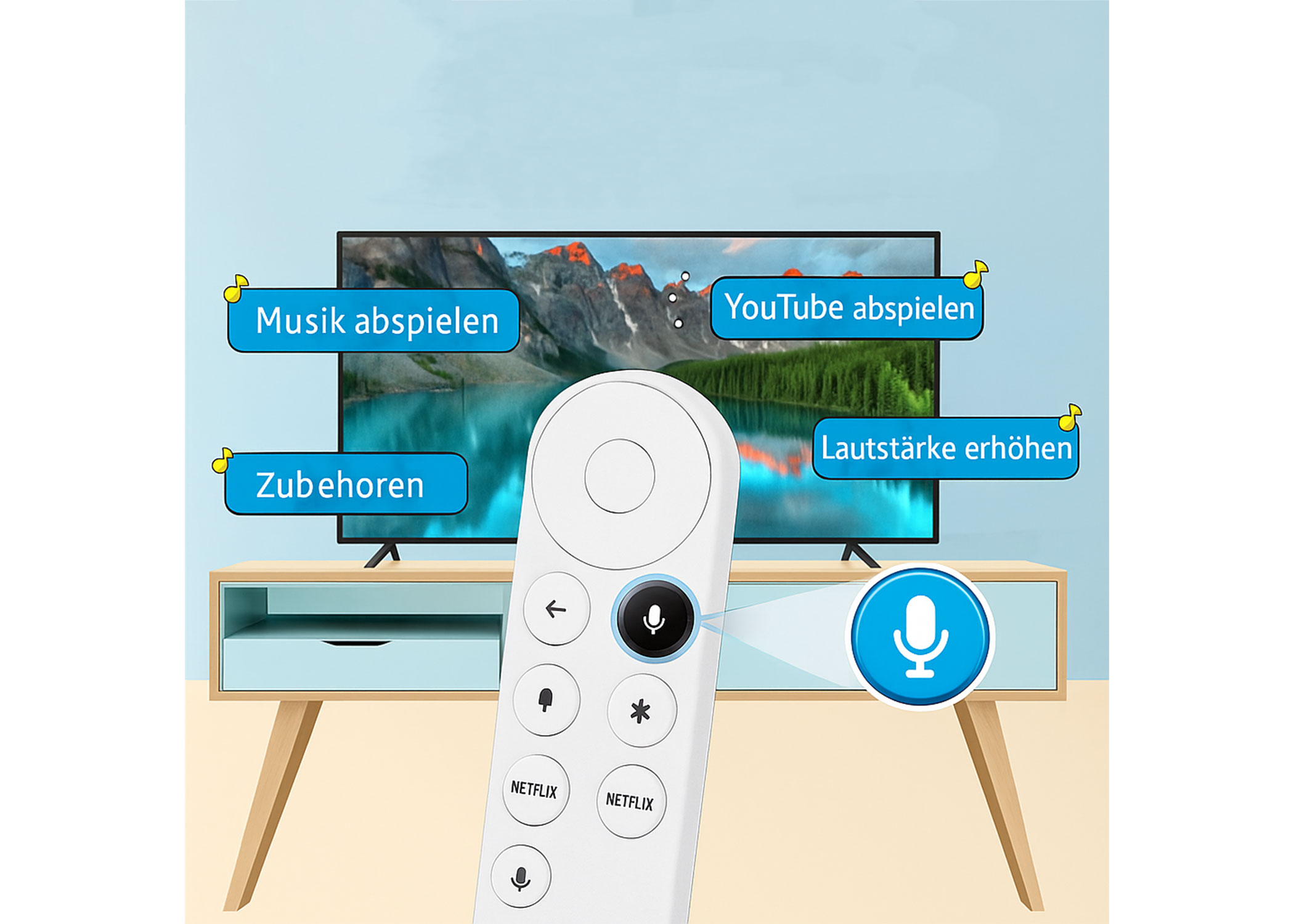 Ergonomische Infrarot-Fernbedienung kompatibel mit Google TV mit Sprachsteuerung (bis 8 Meter Reichweite) - Weiss